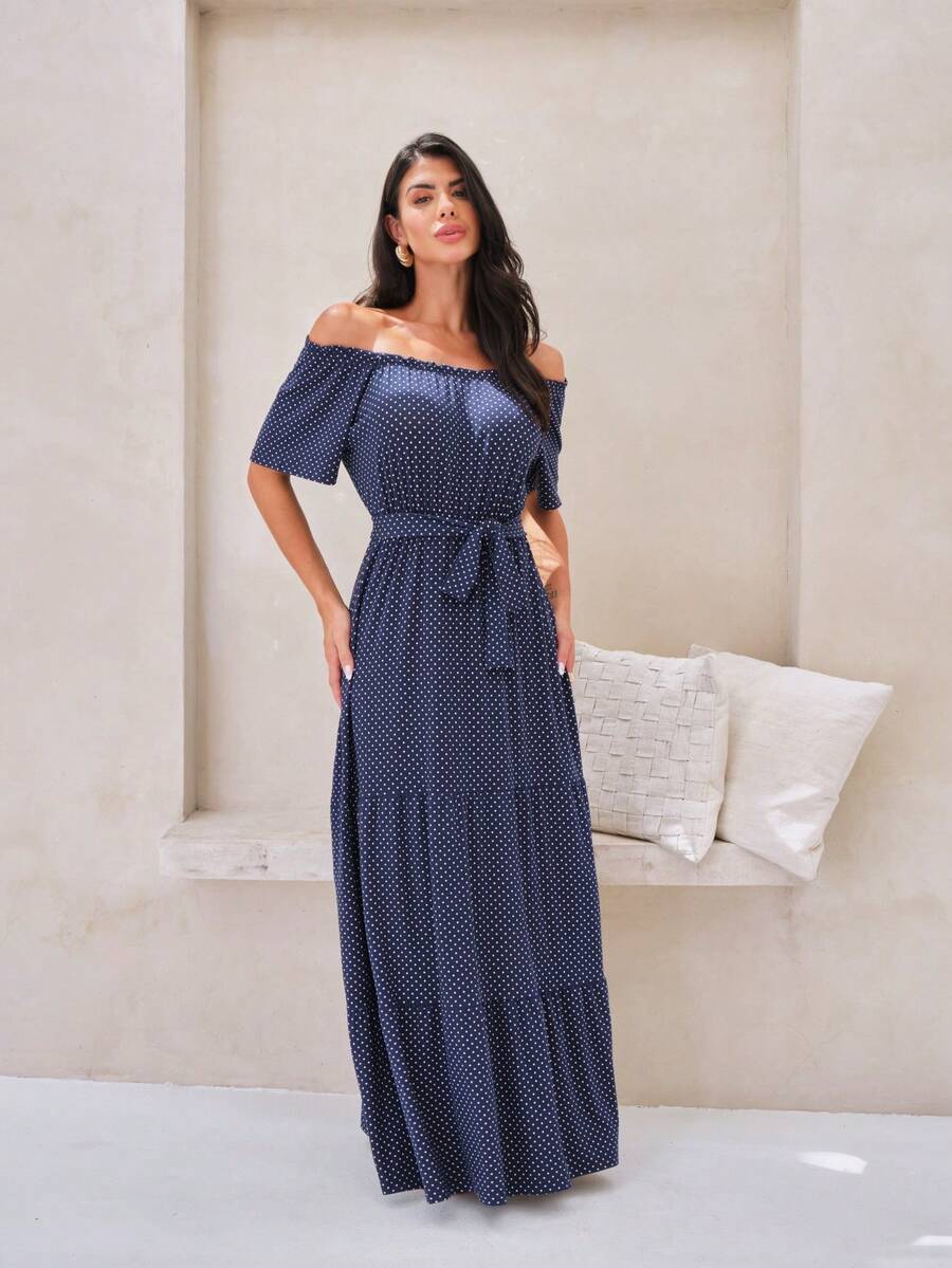 Shein女裝露肩長裙與腰帶 - 藏蓝色 - 查看 1