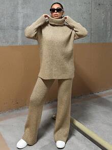 EURMUSE 女士高領下垂肩毛衣2入套裝 - 駝色 - 查看 6