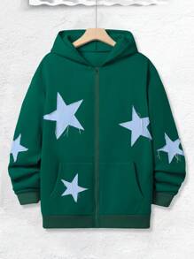 Manfinity Hypemode Lỏng lẻo phù hợp Nam Khóa kéo-lên Hoodie Với In Sao - màu xanh lá - Xem 4