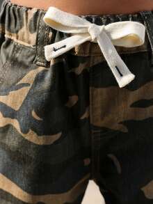 Young Girl Camo Print Ripped Drawstring Waist Straight Leg Jeans - Army Green - View 3