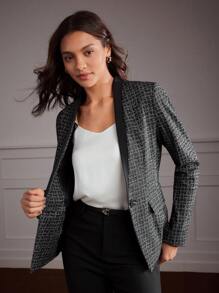 MOTF Classy PLAID ONE-BUTTON BLAZER BUSINESS CASUAL WOMEN - Black - View 4