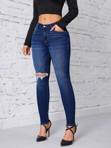 SHEIN Privé Rách Raw Hem Quần jean ôm - Rửa tối - Xem 1