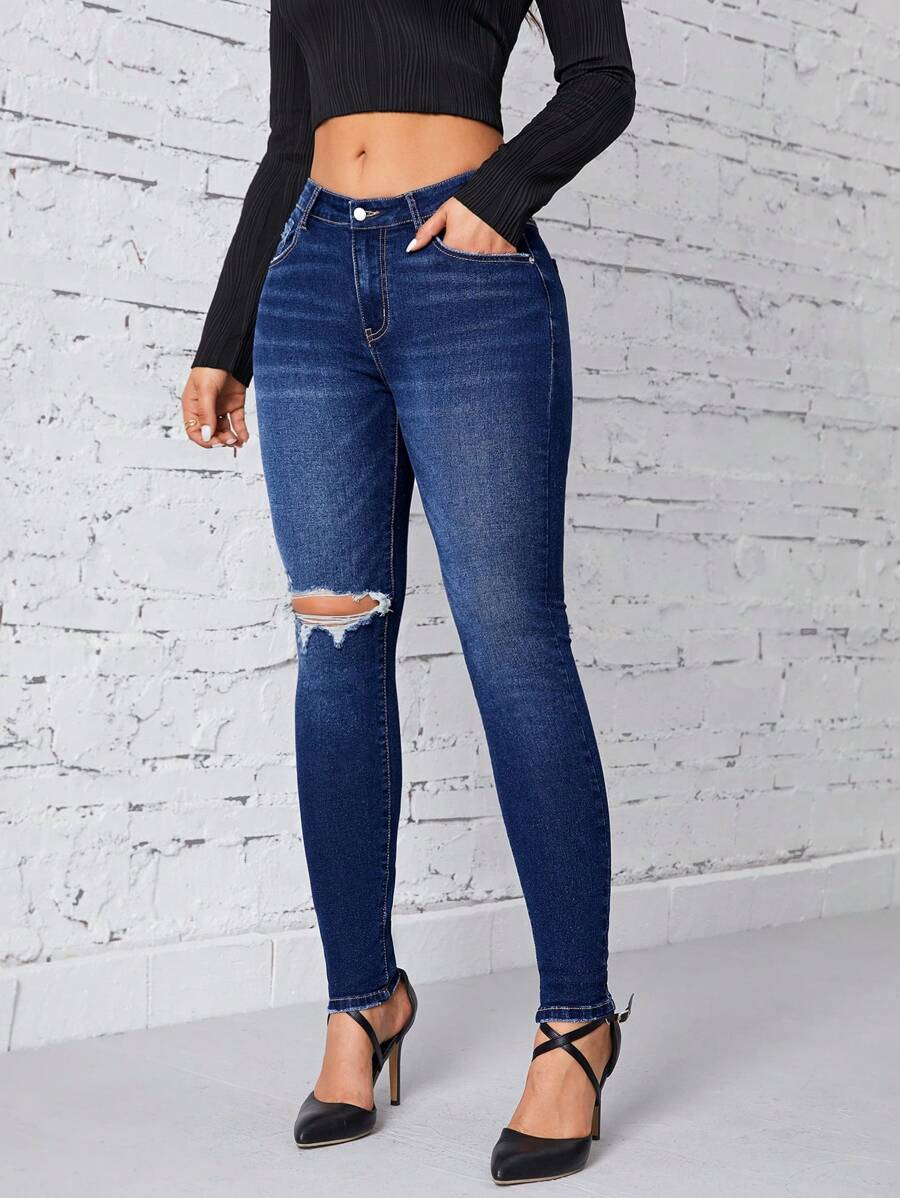 SHEIN Privé Rách Raw Hem Quần jean ôm - Rửa tối - Xem 1