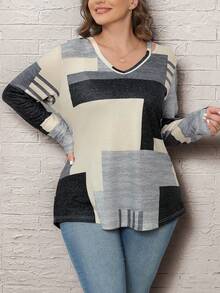 EMERY ROSE 大碼女士拼接印花t恤 - 灰色 - 查看 3