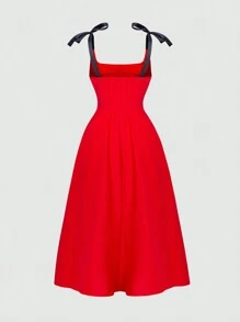 SHEIN Unity 彩色拼接裙配蝴蝶結肩帶和腰帶 - 紅色 - 查看 2