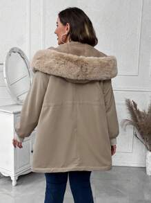 Flirla Plus Size Hooded Padded Padded Coat Clothes Winter With Nipped Waist And Raw Edge Details Fall Cloth For Women Autumn - Khaki - View 2