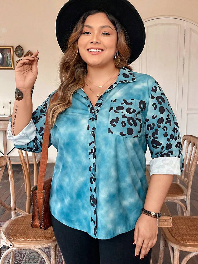 Plus Size Women's Leopard Print Patch Pocket Shirt