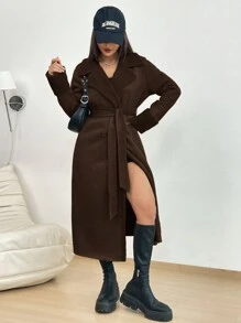 SHEIN EZwear Suede & Plush Composite Fabric Mid-length Women's Coat - Coffee Brown - View 6