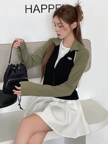 Dazy Star Áo khoác ngắn thời trang nữ có dây kéo và tay áo Raglan - màu đen - Xem 4