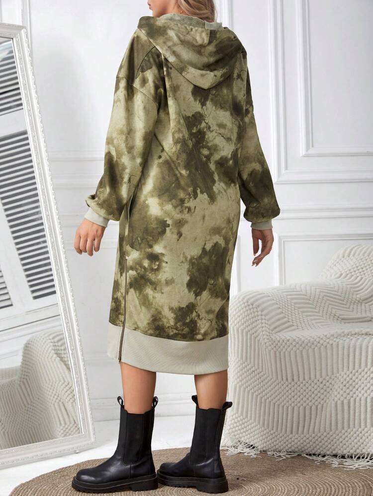 Maternity Tie Dye High Slit Drawstring Hooded Drop Shoulder Dress