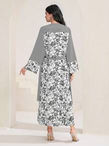 Al Najma Quý cô In hoa Vá lại Tiếng  Ả Rập Áo choàng Abaya - Xám - Xem 2