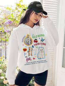 SHEIN Qutie Slogan & Cartoon Graphic Drop Shoulder Drawstring Hoodie - White - View 3