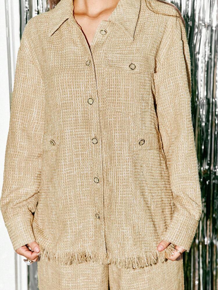 Tweed Surchemise Raw Hem Button Front Casual Spring Coat Winter Brown