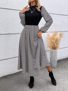 SHEIN LUNE Women's Fashionable Houndstooth Pattern Splice Long Sleeve Dress - Black - View 5