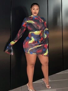 Slaydiva 女士大碼透視喇叭袖連衣裙 - 酒紅色 - 查看 4