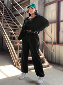SHEIN EZwear 3 件/套大尺碼運動衫、背心和褲子 - 黑色 - 查看 3