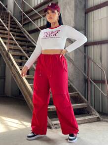 SHEIN EZwear Plus Size Women's Letter Print Cropped Top And Utility Pants Set - Multicolor - View 5
