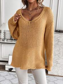 SHEIN Essnce Women's Solid Color V-neck Drop Shoulder Sweater - Yellow - View 7