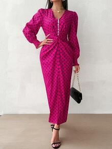 SHEIN Privé Women's Full Printed Twist Knot Dress With Random Patterns - Hot Pink - View 3