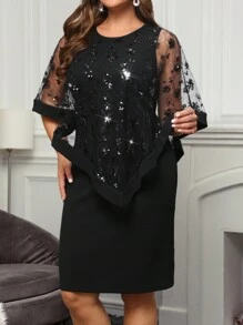 EMERY ROSE 女款大尺寸圓領亮片網拼接修身連身裙 - 黑色 - 查看 4