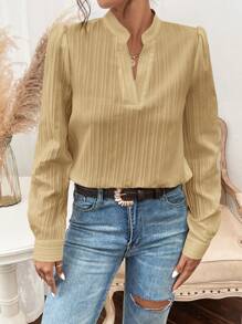 SHEIN Frenchy Texture Shirt With Notched Collar And Puff Sleeves Winter Casual - Camel - View 3