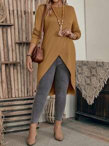 EMERY ROSE Asymmetrical Hem Long Sleeve T-shirt - Brown - View 4