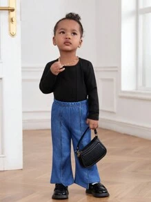 SHEIN 女婴休闲针织长袖上衣搭配牛仔效果喇叭裤套装 - 藍色 - 查看 1