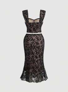 SHEIN MOD Plus Size Floral Printed Wide Strap Ruched Sleeveless Top + Skirt Set - Black - View 2