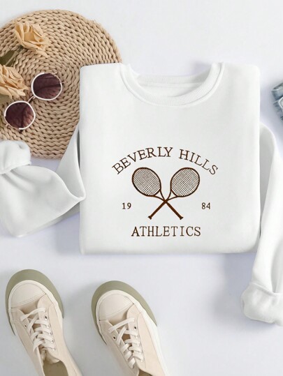 Sudadera De Felpa Con Bordado De Raqueta De Tenis Y Letras Impresas Para Mujeres