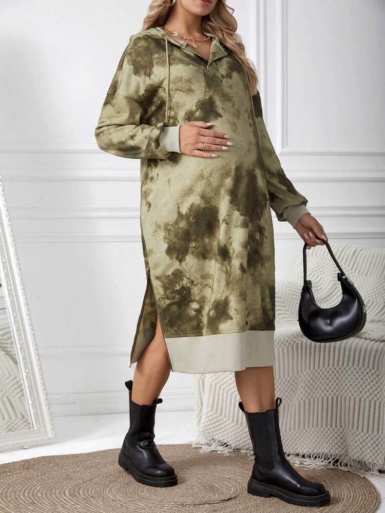 Maternity Tie Dye High Slit Drawstring Hooded Drop Shoulder Dress