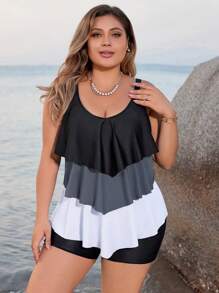 Swim Lushoire Summer Beach Plus-Size Color Block Cami Bikini Set