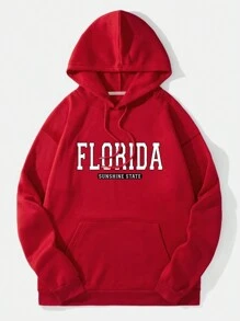 Men's Letter Print Hoodie Sweatshirt - Red - View 1