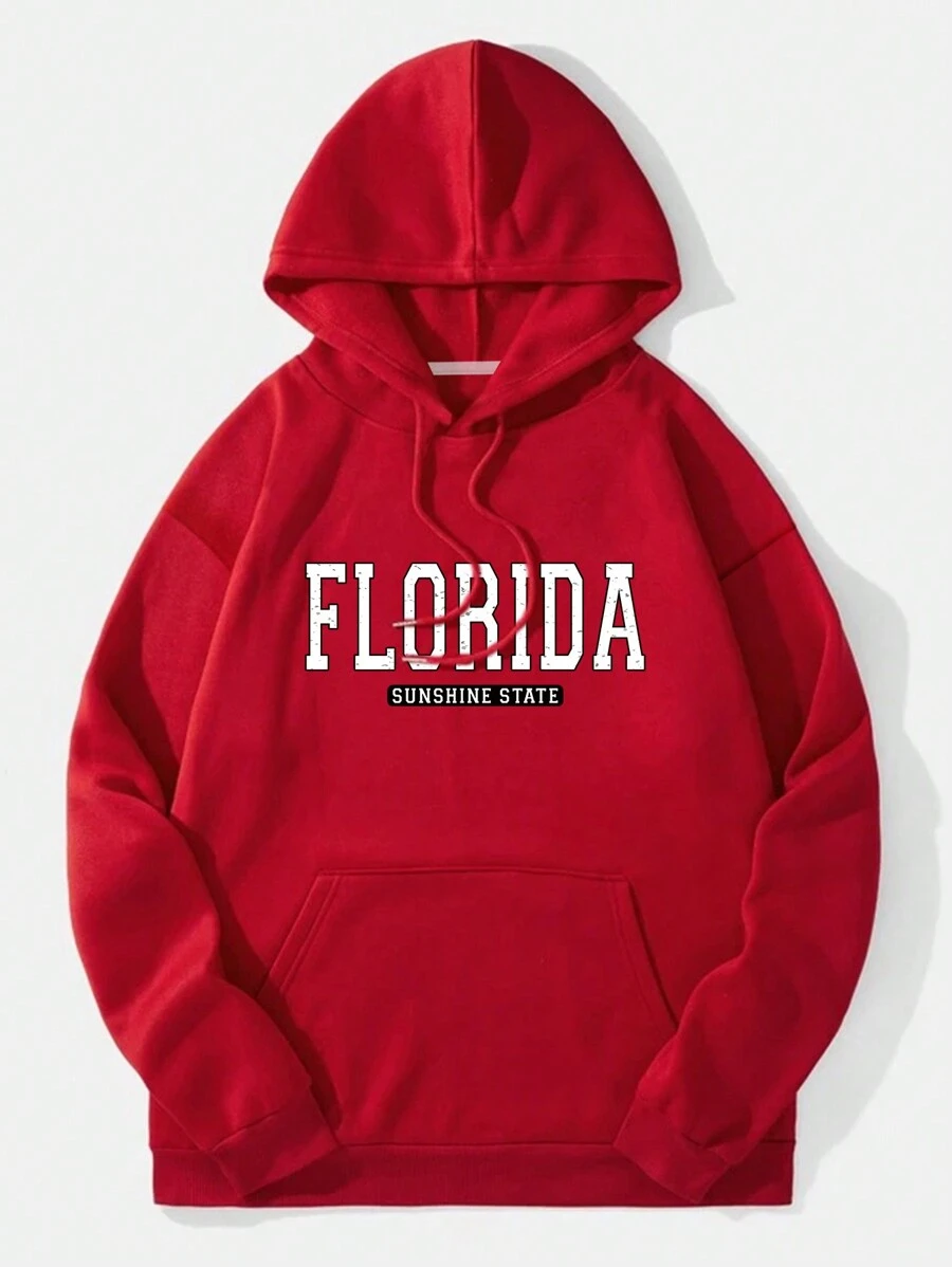 Men's Letter Print Hoodie Sweatshirt - Red - View 1
