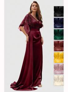 Lace Floral Patterned Sleeves, Sequined Satin Dress - Apricot - View 1