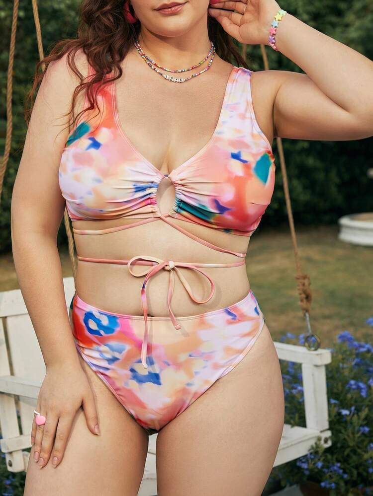Summer Women's Plus Size Shibori Tie-Dye Push-Up Bikini Set With Front Knot And Separated Bottom