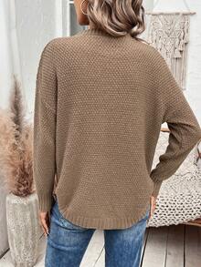 SHEIN LUNE Women's Round Hem Texture Loose Sweater - Mocha Brown - View 2