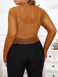 SHEIN Privé Plus Size Women's Sheer Half Collar Net Top - Brown - View 2