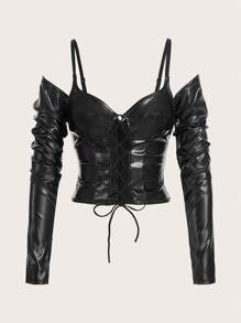 SHEIN ICON 女式上衣采用交叉绷带设计，不对称罩杯和带袖子的 PU 肩带 - 黑色 - 查看 1