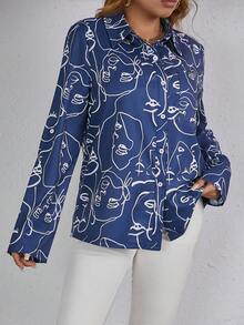 SHEIN Frenchy 肖像畫印花休閒襯衫 - 藍色 - 查看 3