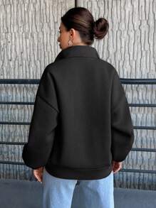 SHEIN Cottnline Women's Solid Color Drop Shoulder Zipper Front Sweatshirt - Black - View 4