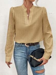 SHEIN Frenchy Texture Shirt With Notched Collar And Puff Sleeves Winter Casual - Camel - View 1
