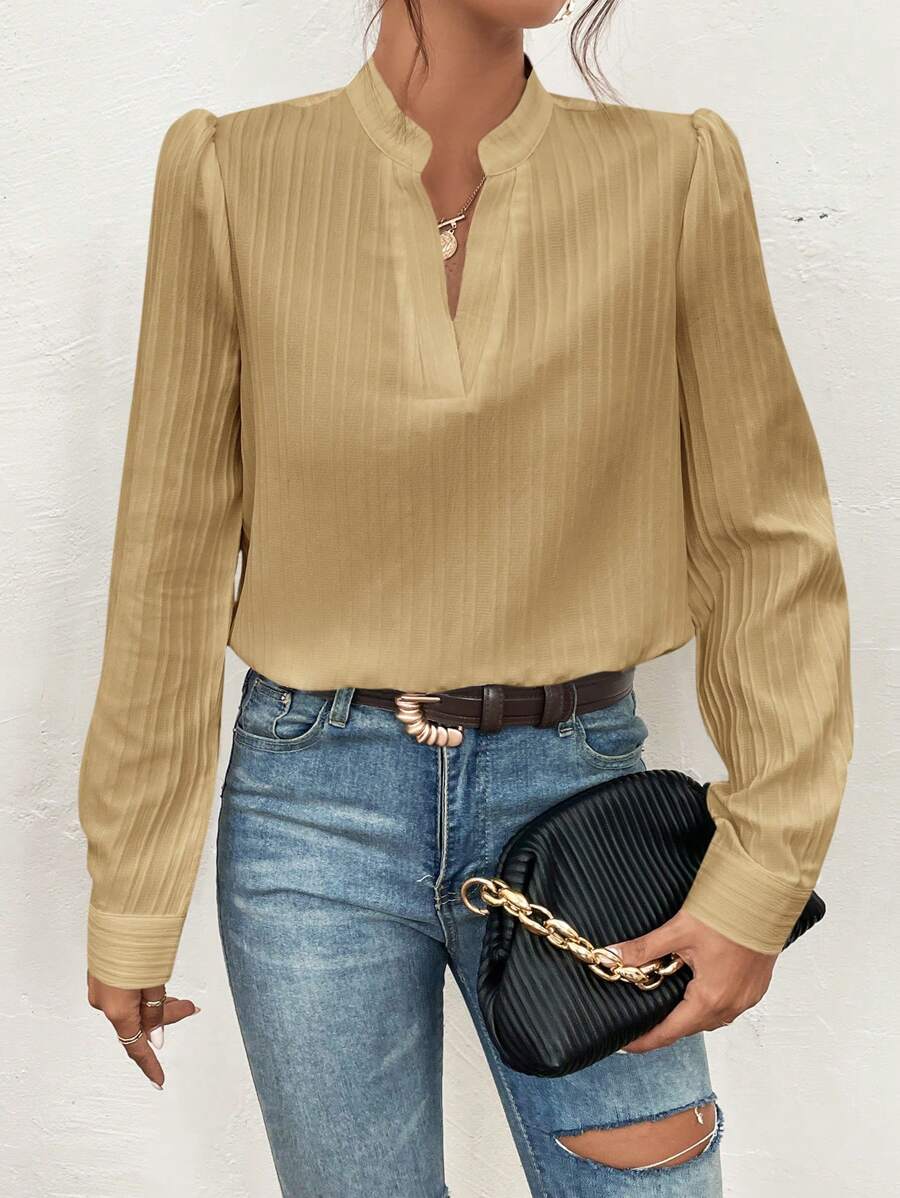 SHEIN Frenchy Texture Shirt With Notched Collar And Puff Sleeves Winter Casual - Camel - View 1