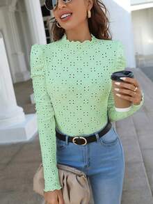 SHEIN Frenchy 刺繡領泡泡袖t卹 - 綠色 - 查看 3