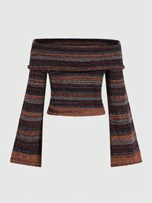 ROMWE Fairycore Striped Off Shoulder Long Sleeve Sweater - Burgundy - View 2