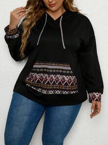 SHEIN CURVE+ Sudadera Con Capucha Para Mujer Con Patrón Geométrico Y Cordón, Talla Grande - Negro - Ver 6