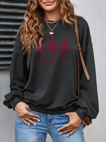 SHEIN Qutie In Giáng sinh Thả vai Áo nỉ - màu đen - Xem 6