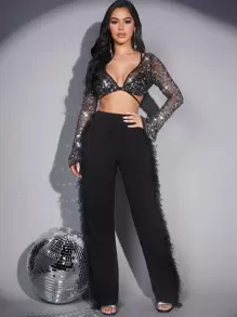 SHEIN SXY 女用毛邊拼布直筒長褲 - 黑色 - 查看 3