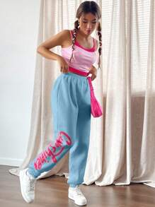 SHEIN EZwear 女式彈性腰口&捲邊褲管的字母印花運動褲 - 淺藍色 - 查看 4