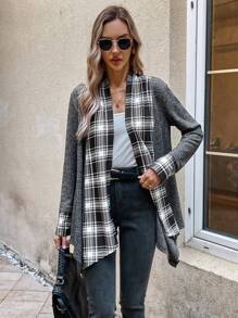 EMERY ROSE Women's Regular Fit Checkered Asymmetrical Hem Jacket