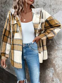 SHEIN Clasi 格紋印花落肩袖抽繩連帽外套 - 卡其色 - 查看 3